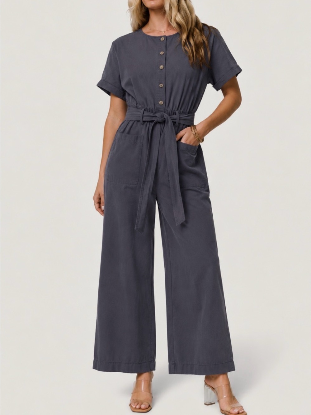 Roolee Charcoal Gray Cropped Wide Leg Button-Up Jumpsuit size S 100% Cotton